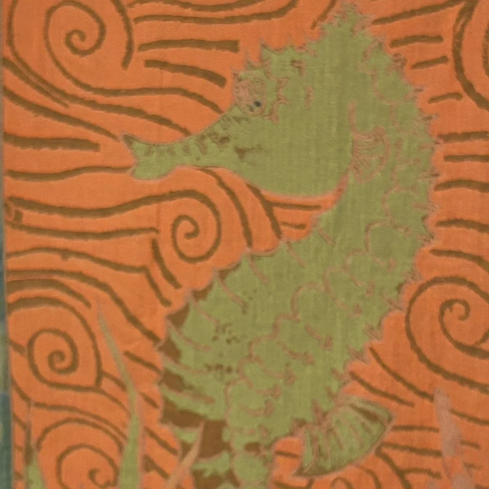 Seahorse Towel + Tapestry in Coral Orange Deep Blue + Lime Green Size 38” x 68”
